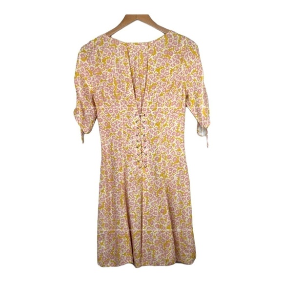FREE PEOPLE Revolve Yellow Floral Laced Up Mini Dress Button Front Small - Picture 11 of 14